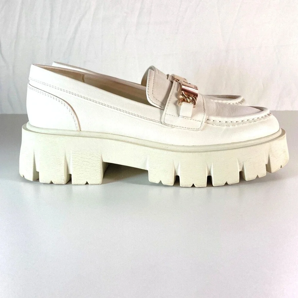 Y2k Guess Chunky Platform Loafer White Gold Buckle GBG Logo Heel Shoe Womens 8